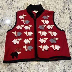 Bechamel Vintage Red Sheep‎ Sweater Vest Cardigan Full Zip Christmas Womens Sz L